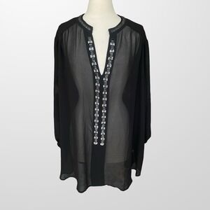 VIP‎ Avenue Size 30 / 32 Sheer Blouse Top Shirt Black Beaded Long Sleeve NEW